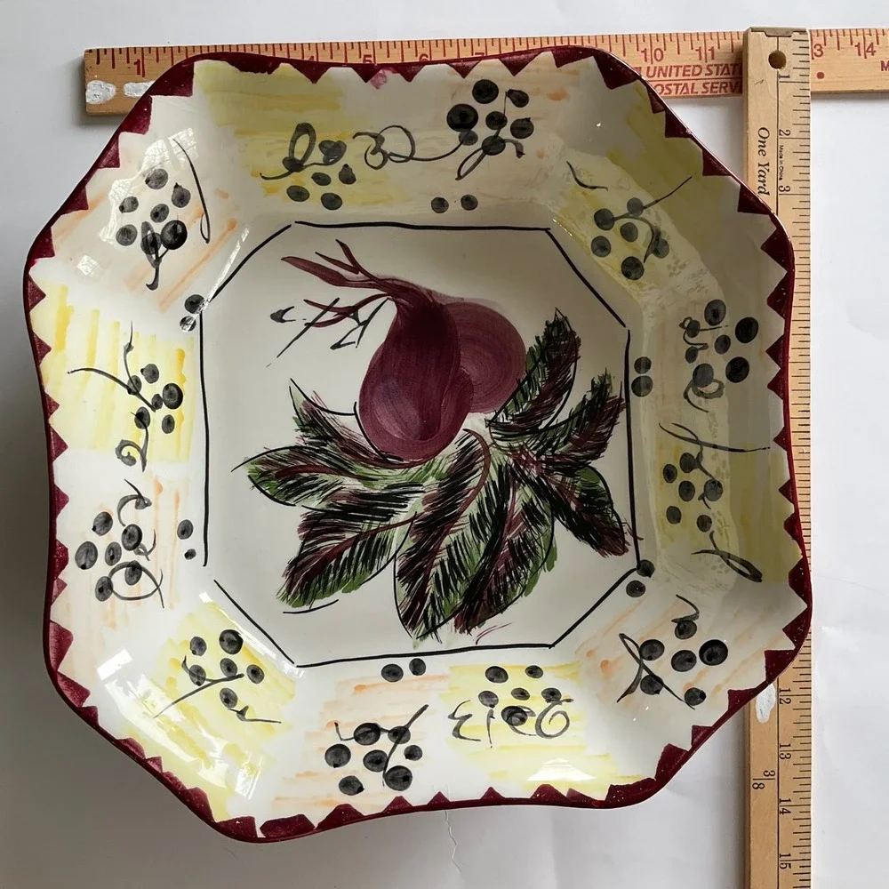Antica Fornace Italy Ceramic Serving Bowl Beet Radish Hand Painted Square 11.5in